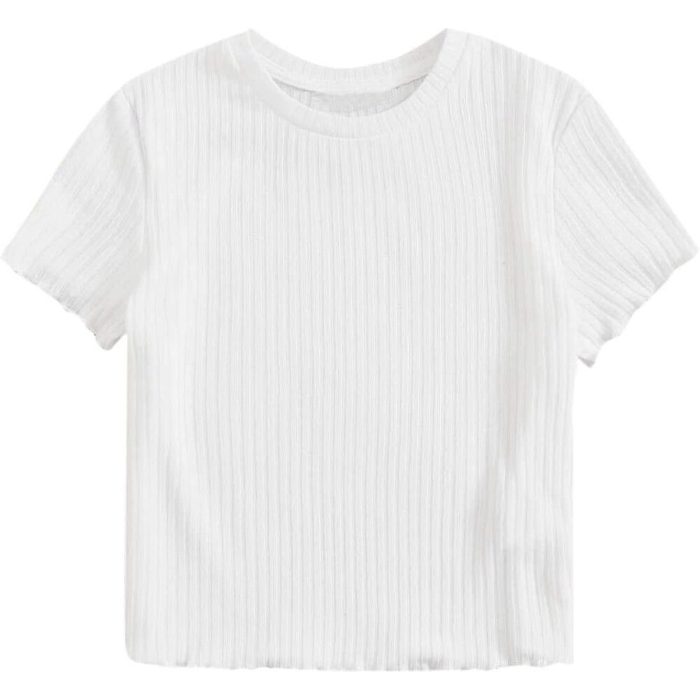 Women's Solid Crew Neck Ribbed Knit Short Sleeve Crop Top T Shirts